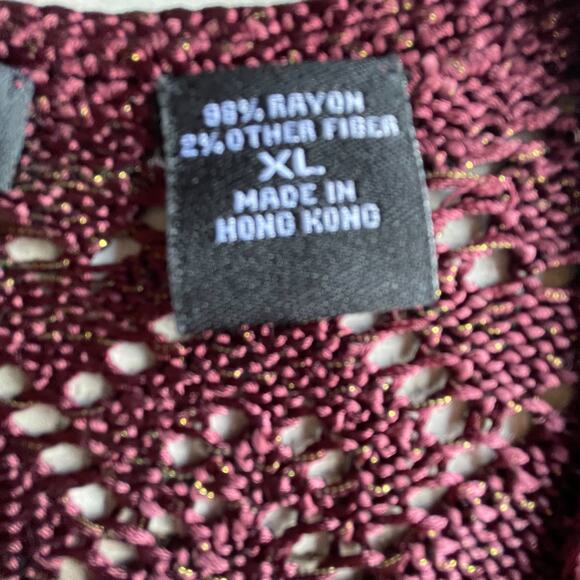 MODA International Burgundy Wine Gold Lurex Knit Cardigan Sweater SZ XL C101355 - Picture 4 of 6